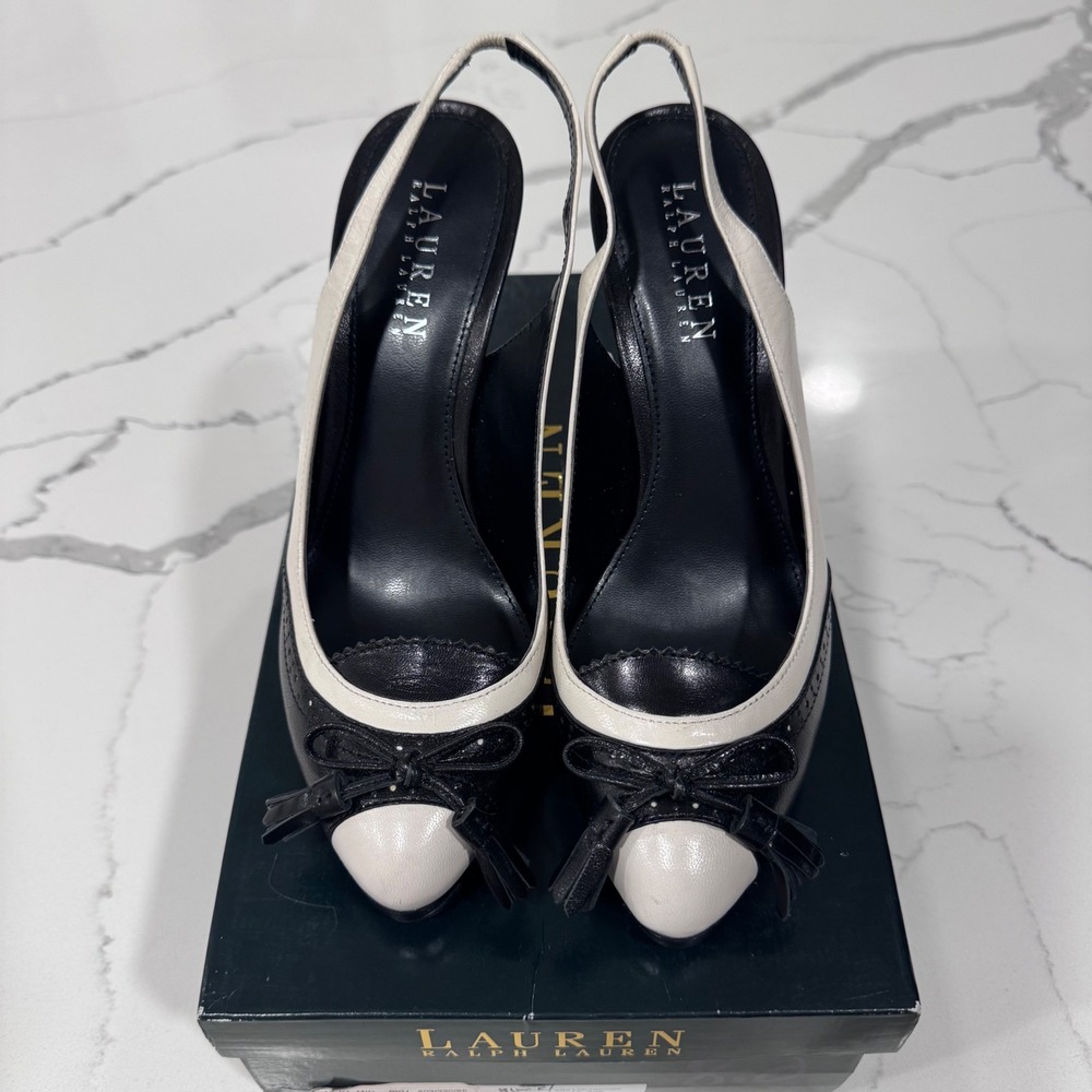 Lauren Ralph Lauren Kalida Black White Slingback Pumps 8B Brogue Tassel Bow